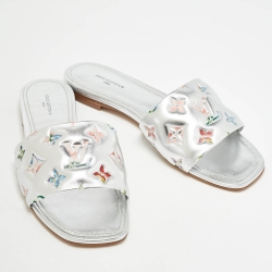 Pre Owned Louis Vuitton Silver Leather Revival Flat Slides Size 38