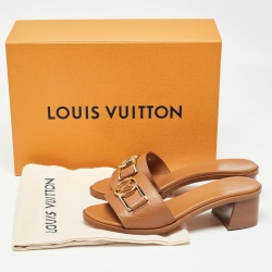 مملوكة مسبقًا Louis Vuitton Brown Leather Lock It Slide Sandals Size 37