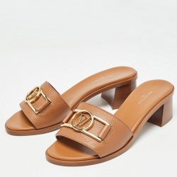 مملوكة مسبقًا Louis Vuitton Brown Leather Lock It Slide Sandals Size 37