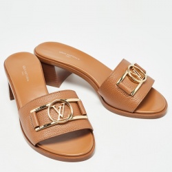 مملوكة مسبقًا Louis Vuitton Brown Leather Lock It Slide Sandals Size 37