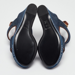 Pre Owned Louis Vuitton Navy Blue/Brown Denim and Leather Wedge Slingback Sandals Size 39.5 