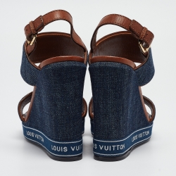 Pre Owned Louis Vuitton Navy Blue/Brown Denim and Leather Wedge Slingback Sandals Size 39.5 