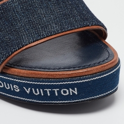 Pre Owned Louis Vuitton Navy Blue/Brown Denim and Leather Wedge Slingback Sandals Size 39.5 