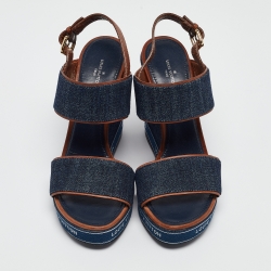 Pre Owned Louis Vuitton Navy Blue/Brown Denim and Leather Wedge Slingback Sandals Size 39.5 