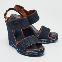 Pre Owned Louis Vuitton Navy Blue/Brown Denim and Leather Wedge Slingback Sandals Size 39.5 