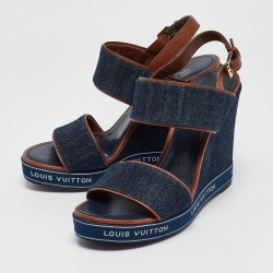 Pre Owned Louis Vuitton Navy Blue/Brown Denim and Leather Wedge Slingback Sandals Size 39.5 