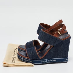 Pre Owned Louis Vuitton Navy Blue/Brown Denim and Leather Wedge Slingback Sandals Size 39.5 