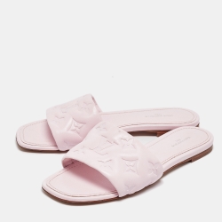Pre Owned Louis Vuitton Pink Monogram Embossed Leather Revival Flat Slides Size 37