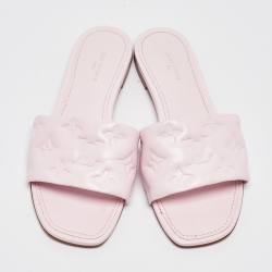 Pre Owned Louis Vuitton Pink Monogram Embossed Leather Revival Flat Slides Size 37
