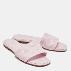 Pre Owned Louis Vuitton Pink Monogram Embossed Leather Revival Flat Slides Size 37