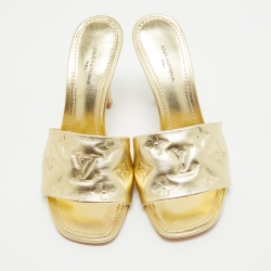 Louis Vuitton Gold Monogram Embossed Leather Revival Slide Sandals Size 37