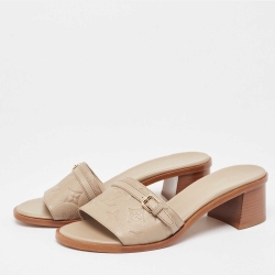 Pre Owned Louis Vuitton Beige Monogram Embossed Leather Slide Sandals Size 40