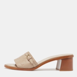 Pre Owned Louis Vuitton Beige Monogram Embossed Leather Slide Sandals Size 40