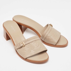 Pre Owned Louis Vuitton Beige Monogram Embossed Leather Slide Sandals Size 40