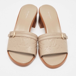 Pre Owned Louis Vuitton Beige Monogram Embossed Leather Slide Sandals Size 40