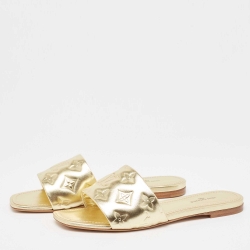Louis Vuitton Gold Monogram Embossed Leather Revival Flat Slides Size 38