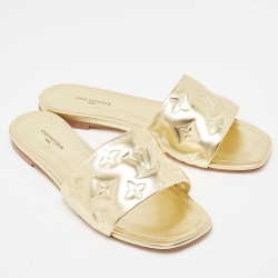 Louis Vuitton Gold Monogram Embossed Leather Revival Flat Slides Size 38