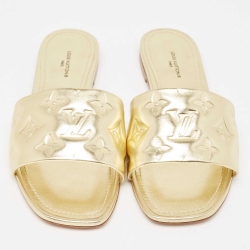 Louis Vuitton Gold Monogram Embossed Leather Revival Flat Slides Size 38