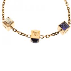 LOUIS VUITTON Gamble Gold Tone Swarovski Cube Chain Bracelet LV logo  Excellent