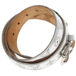 Pre Owned Louis Vuitton Silver Leather Mahina Perforated Belt Size 90 CM