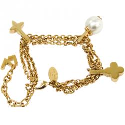 Pre Owned Louis Vuitton Charmy Pearl Gold Tone Soft Bracelet