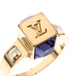Pre Owned Louis Vuitton Gamble Crystal Gold Tone Ring Size 48