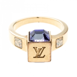 Pre Owned Louis Vuitton Gamble Crystal Gold Tone Ring Size 48