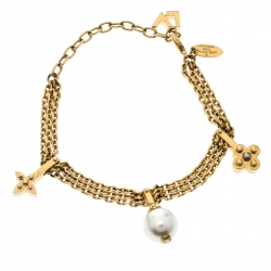 Pre Owned Louis Vuitton Damier Monogram Faux Pearl Gold Tone Chain Link Charm Bracelet   