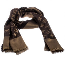 Pre Owned  وشاح لوي فيتون حرير وصوف لامع مونوغرامي بني