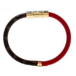Pre Owned Louis Vuitton Monogram Canvas Daily Confidential Red Leather Bracelet 17 cm