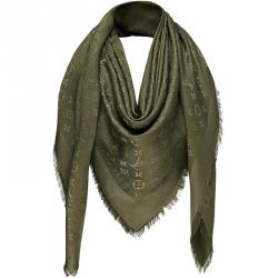 Pre Owned Louis Vuitton Khaki Monogram Wool and Silk Shawl