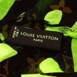 Pre Owned Louis Vuitton Neon Green & Brown Monogram & Graffiti Print Cotton Frayed Edge Scarf