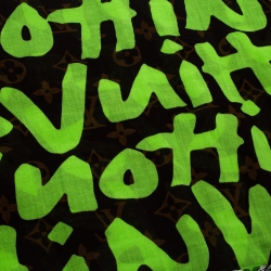 Pre Owned Louis Vuitton Neon Green & Brown Monogram & Graffiti Print Cotton Frayed Edge Scarf