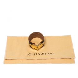 Pre Owned Louis Vuitton Save It Brown Monogram Canvas Gold Tone Wide Cuff Bracelet 