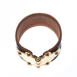 Pre Owned Louis Vuitton Save It Brown Monogram Canvas Gold Tone Wide Cuff Bracelet 