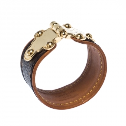 Pre Owned Louis Vuitton Save It Brown Monogram Canvas Gold Tone Wide Cuff Bracelet 