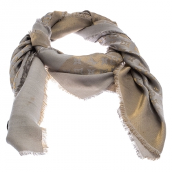 مملوكة مسبقًا وشاح لوي فيتون مونوغرامي لامع صوف وحرير بيج