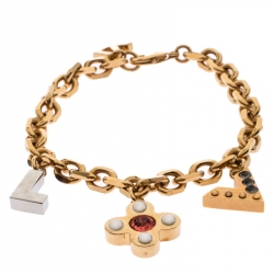 Pre Owned Louis Vuitton Crystal Love Letter Timeless Gold Tone Charm Bracelet