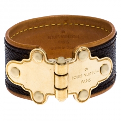 Pre Owned Louis Vuitton Gold Tone Save It Brown Monogram Canvas Wide Cuff Bracelet 17
