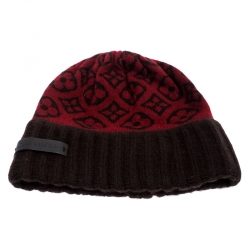 Louis Vuitton Red and Brown Monogram Cashmere Scarf and Beanie Set