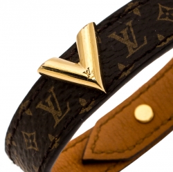 Pre Owned Louis Vuitton Essential V Brown Monogram Canvas Gold Tone Bracelet 17