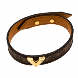 Pre Owned Louis Vuitton Essential V Brown Monogram Canvas Gold Tone Bracelet 17