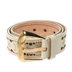 مملوكة مسبقًا Louis Vuitton Ivory White Perforated Monogram Leather Mahina Belt 85CM