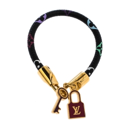 Pre Owned Louis Vuitton Luck It Black Monogram Canvas Gold Tone Charm Bracelet