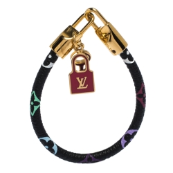 Pre Owned Louis Vuitton Luck It Black Monogram Canvas Gold Tone Charm Bracelet