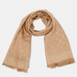 Pre Owned Louis Vuitton Cappucino Brown Monogram Silk & Wool Classique Shawl