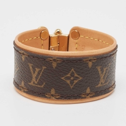 Pre Owned Louis Vuitton Save It Brown Canvas Leather Gold Tone Bracelet
