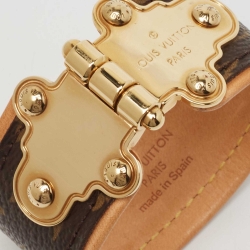 Pre Owned Louis Vuitton Save It Brown Canvas Leather Gold Tone Bracelet