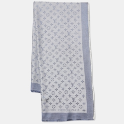 Pre Owned Louis Vuitton Bleu Clair Monogram Silk & Wool Denim Shawl