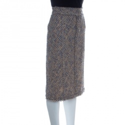 Louis Vuitton Tan and Blue Textured Fringed Pencil Skirt L